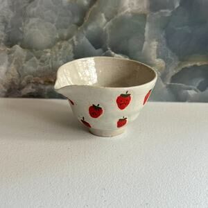 Studio Art Pottery Ceramic Matcha Bowl Hand Painted Strawberries Unique Gray